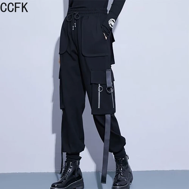 กางเกงเทคแวร์ผ้าฝ้ายสำหรับผู้หญิง กางเกงฮิปฮอปสไตล์ไซเบอร์พังก์ กางเกงคาร์โก้ลำลองสำหรับฤดูใบไม้ผลิและฤดูใบไม้ร่วง กางเกงริบบิ้นทรงสลิม กางเกงจ็อกกิ้งสไตล์อีโม