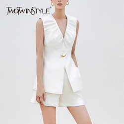 TWOTWINSTYLE Solid Slimming Two Piece Set For Women V Neck Sleeveless Patchwork Folds Top High Waist Shorts Casual Sets Female