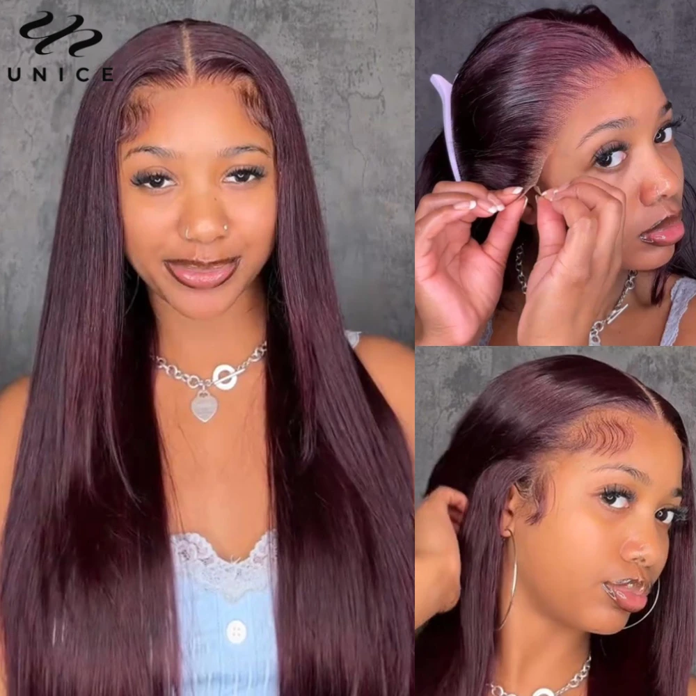 UNICE Hair 13x4 Pre-Everything Lace Frontal Wig Black Cherry Layered Straight Wig Pre Cut Pre Bleached Human Hair Lace Front Wig