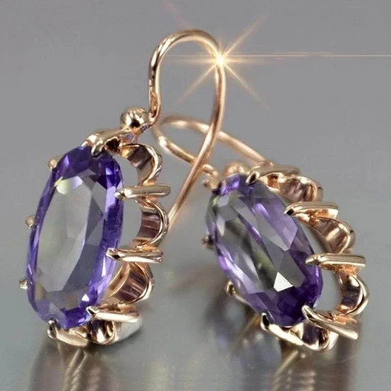 Exquisite Women Oval Inlaid Purple Zircon Earrings Temperament Elegant Design Metal Gold Color Dangle Earrings for Women