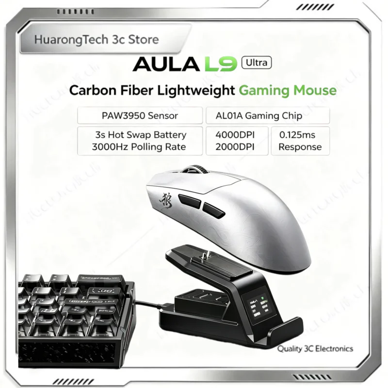AULA L9 Ultra Carbon Fiber Wireless Gaming Mouse PAW3950 Sensor 8K Polling Rate 3-Modes Esports Mouse with Charging Base