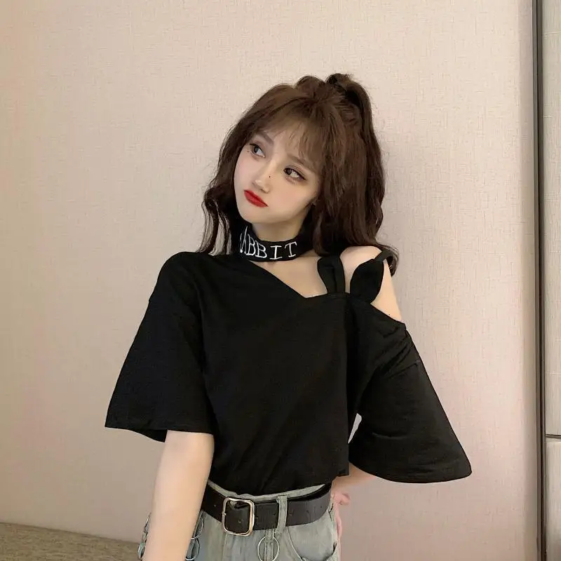 Summer Sexy Hollow Out Off Shoulder Hanging Neck Spicy Girl T Shirt Solid Versatile Short Sleeve Top Korean Trend Womens Clothes