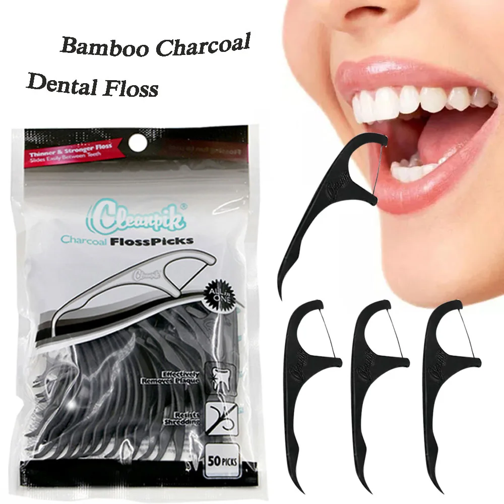 

50PCS Disposable Dental Floss Bamboo Charcoal Dental Floss Sticks For Interdental Cleaning Oral Hygienic Dental Toothpicks