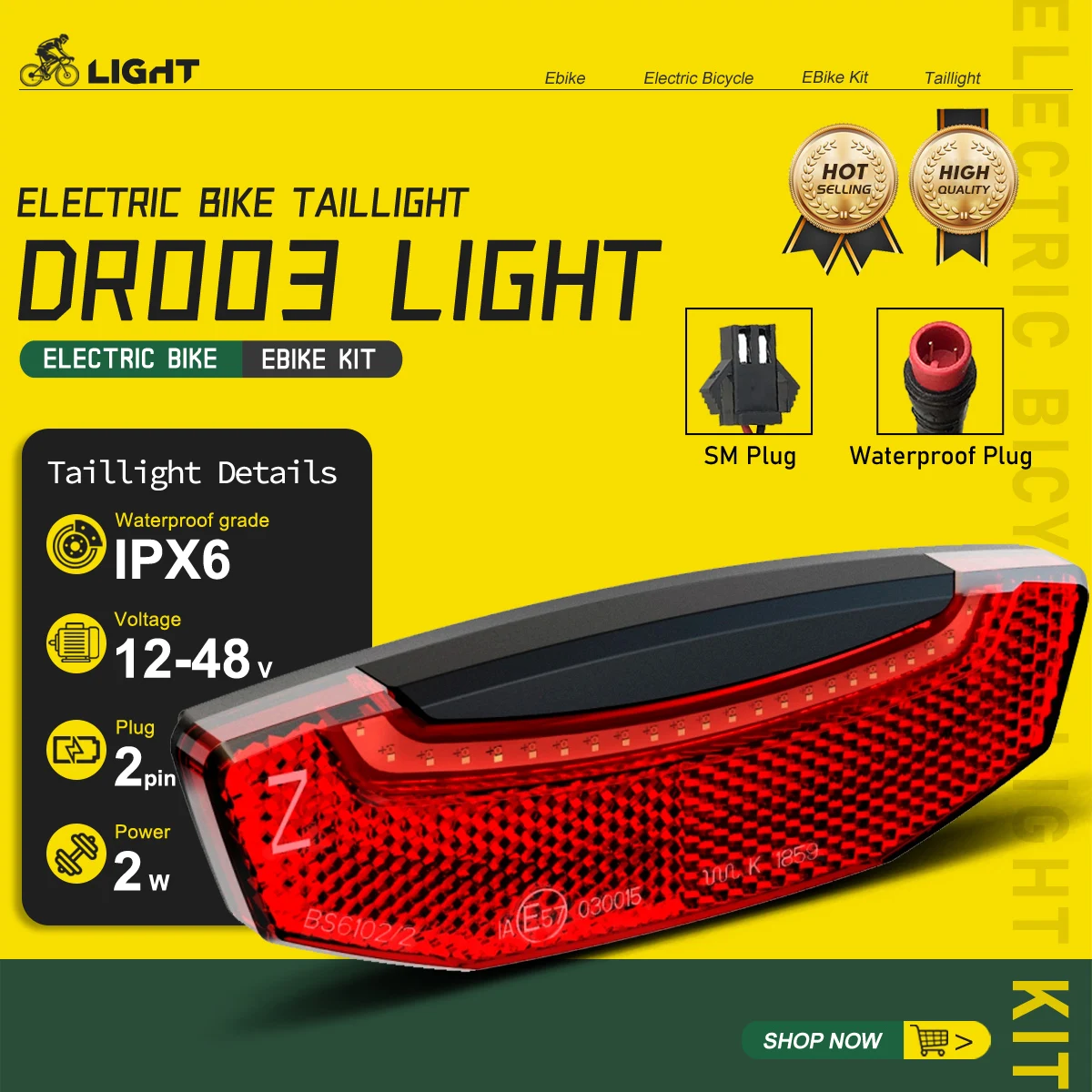 

36V 48V Electric Bike Rear Light/Tail Light DR003 SM/WP Connector LED Safety Warning Rear Lamp For E-scooter Ebike Accessories