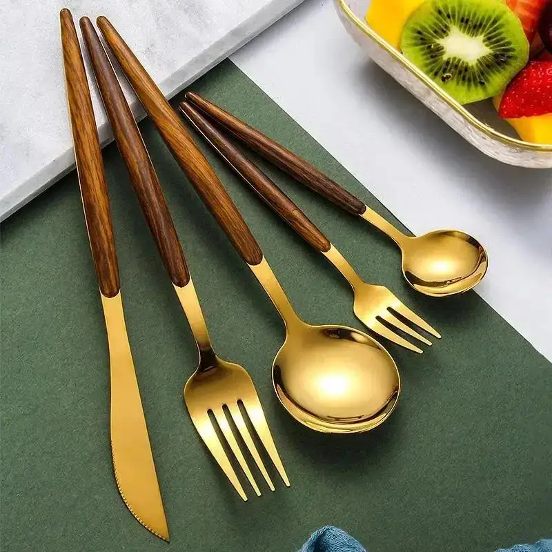 New 5Pcs/Set Gold Cutlery Set Wooden Handle Stainless Steel Knife Fork Spoon Candlelight Dinner Knife Fork Spoon Tableware