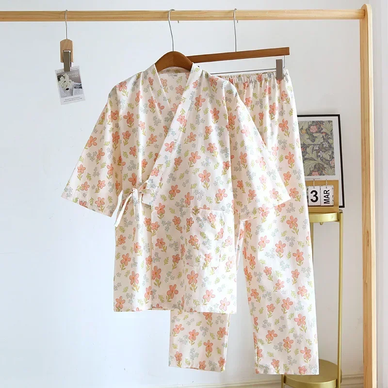 Ensemble de pyjama kimono japonais pour femme, 2024 gaze de coton, peignoir deux pièces pour femme, vêtements de nuit en fourrure pour la maison,