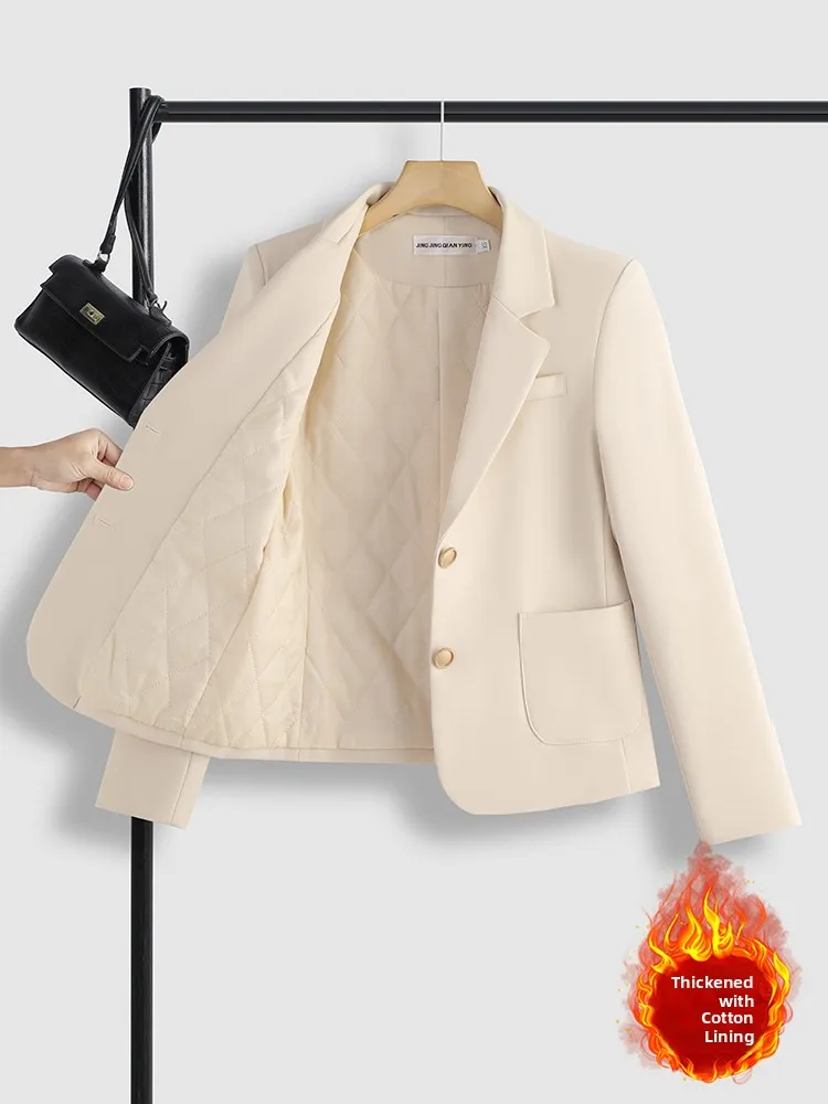 Thickened Short Women's Suit Jacket Fashionable Slim Fit Winter Outerwear Casual Commute Style Long Sleeve Single Button Closure