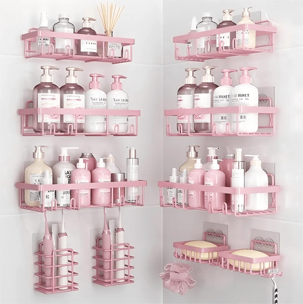 5-Pack Adhesive Shower Caddy, No Drilling Rustproof Stainless Steel Bathroom Organizer Shelves, Large Capacity Wall Mount Rack for Inside Shower, Pink