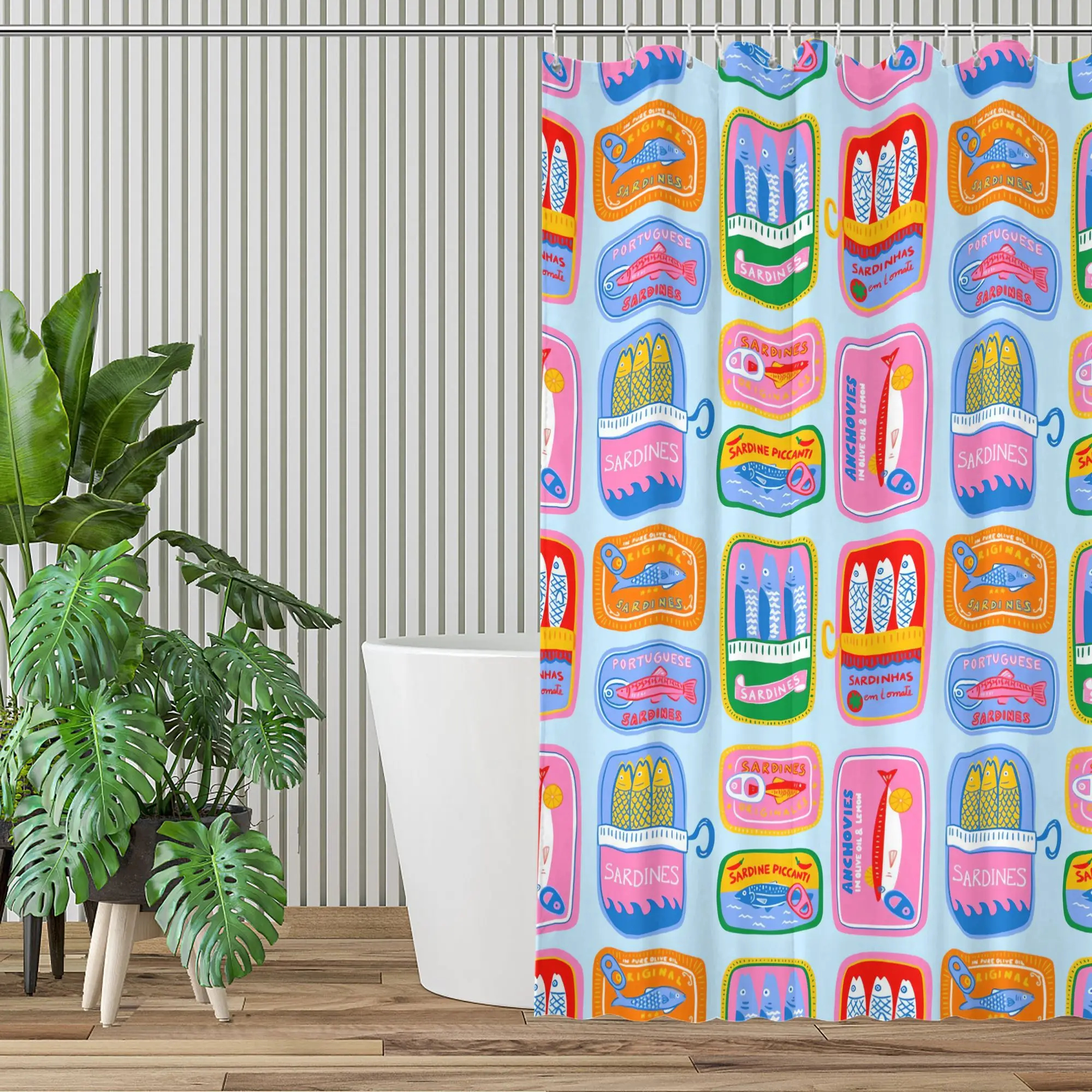 VIKAMA Colorful Sardine Can Shower Curtain, Quirky Dopamine Print, Waterproof & Mildew-Proof  Trendy Bathroom Partition Curtain