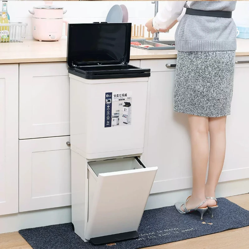 

2-Tier Kitchen Trash Can with Lid, Large Capacity Dual-Bin Wastebasket for Dry Wet Separation, Home Recycling Garbage Bin