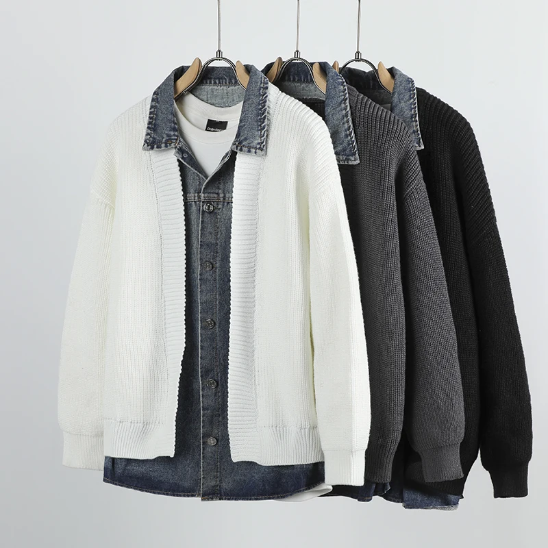 Conjunto de suéter cárdigan de punto informal para hombre, ropa de abrigo a la moda para primavera y otoño, suéter vaquero falso de dos piezas con diseño y2k