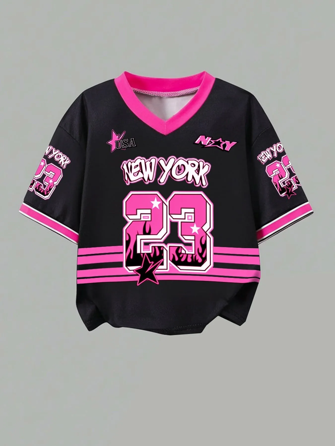 Trendy Girls 2Pcs Y2K Sport Co-Ord, Pink Flame Letter Number Graphic V Neck Tee & Striped Pleated Mini Skirt for Street & Daily view 4