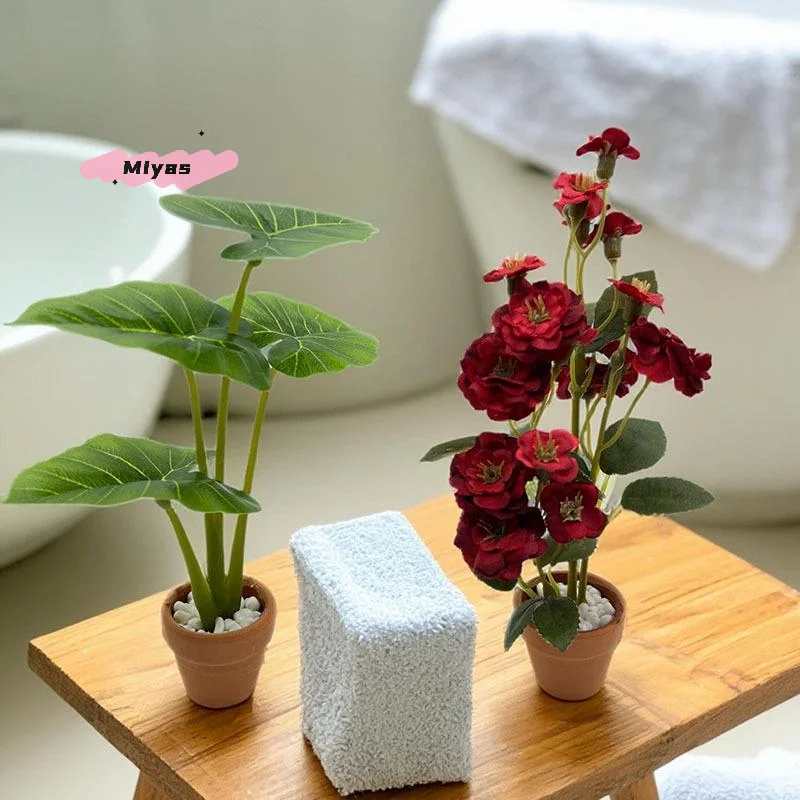 Miniatura de Filodendron para Casa de Muñecas, Modelo de Planta en Maceta con 6 Pétalos de Rosa, Mini Planta en Maceta con Hojas, Decoración para el Hogar