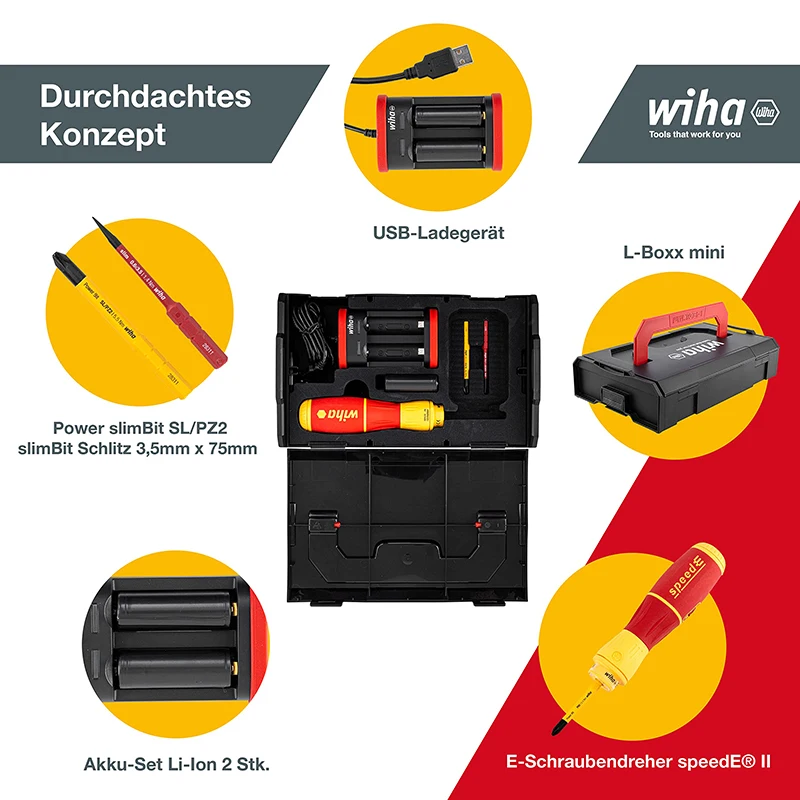 Wiha 44318 Electric Screwdriver SpeedE II 7Pcs with slimBits DIY Power Impact Driver Lithium-Ion