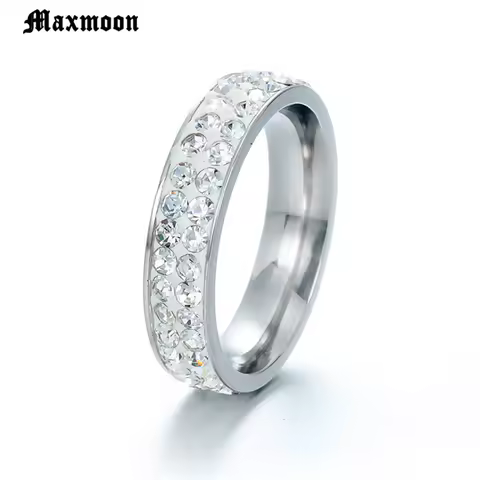 Maxmoon Elegant Finger Jewelry Silver Color Band Stainless Steel Rings Woman Wedding Full Clear Stone Crystal Ring for Women