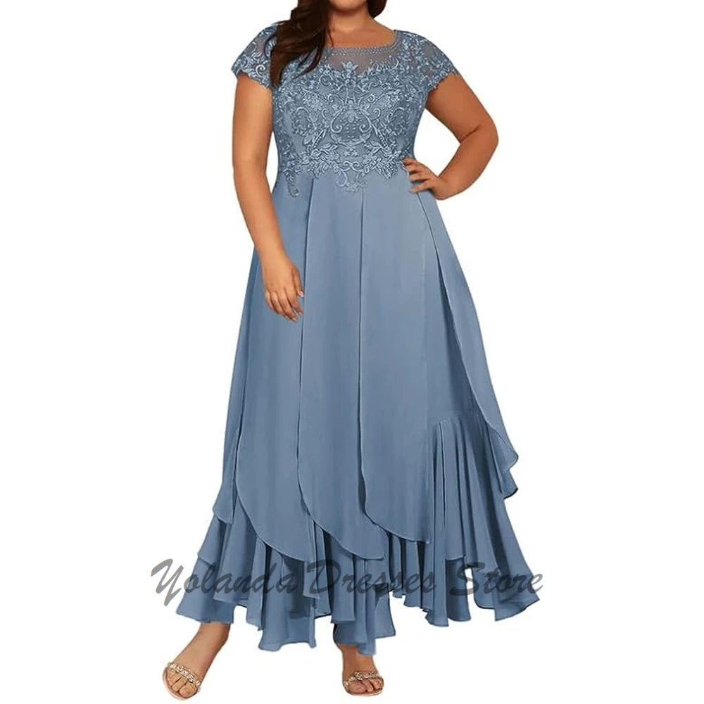 

Modern Short Sleeves Bridesmaid Dresses for Wedding Scoop Neck Lace Up Formal Dresses Floor Length Appliques Lace Evening Gown