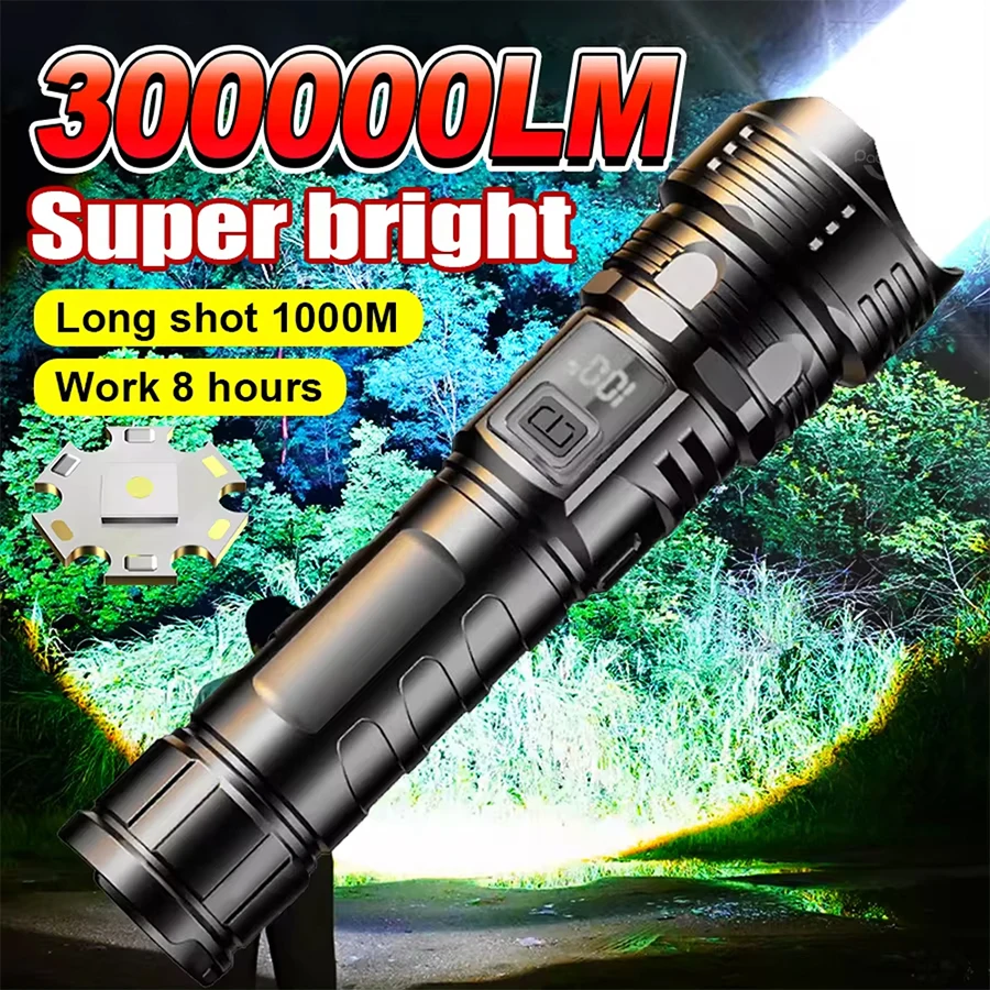 KDULIT Super Bright LED Flashlight Zoomable Long Shot USB Rechargeable Torch with Power Display Outdoor Camping Emergency Lamp