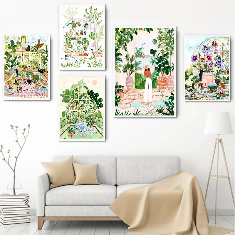 Watercolor Peaceful Botanical Garden Spring Floral Greenhouse Plants Chickens Poster Canvas Painting Wall Pictures Home Decor