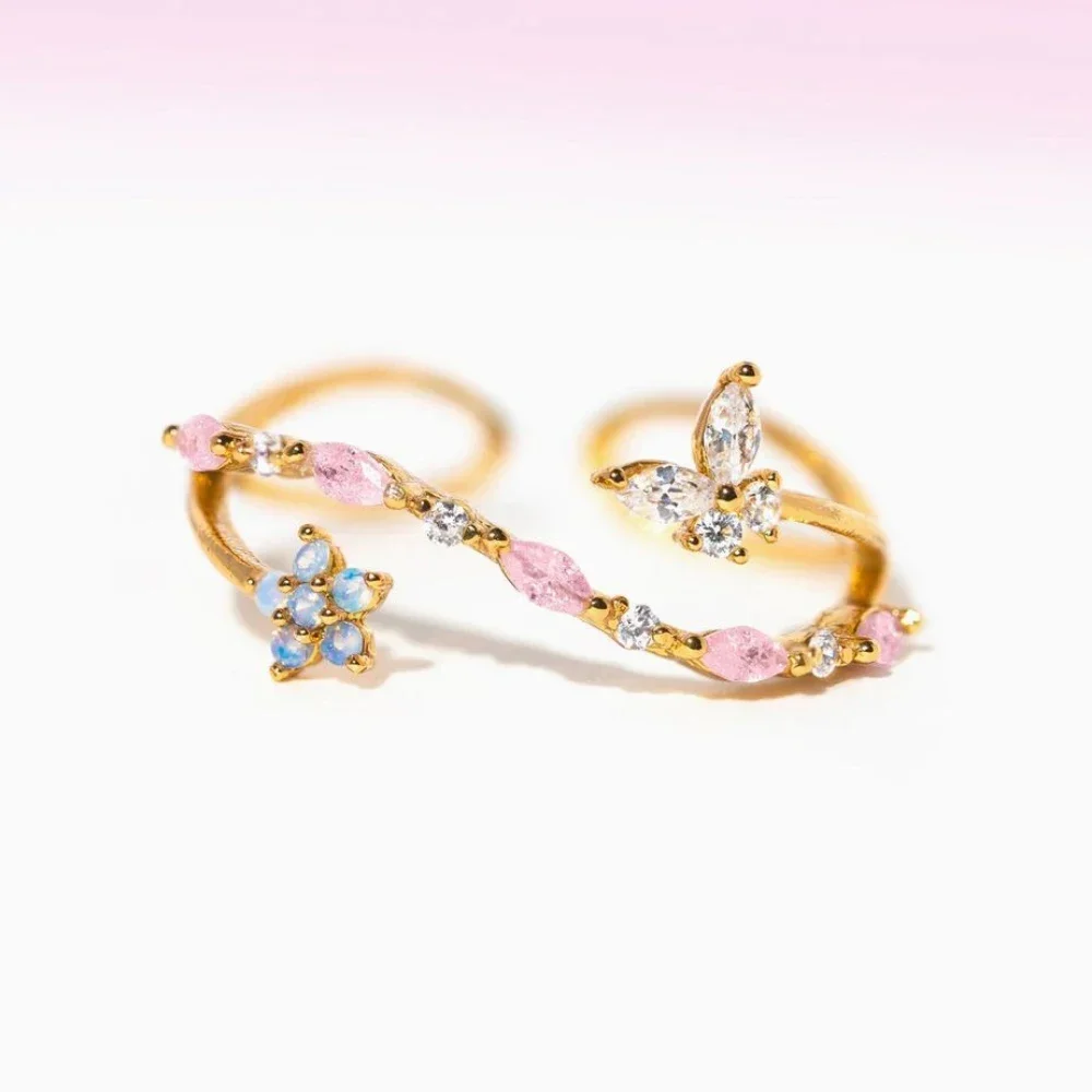 18K Gold plattiert zarte Blume Schmetterling verstellbare Ringe für Frauen Temperament eingelegt voller Kubikzircon Öffnungsring Party