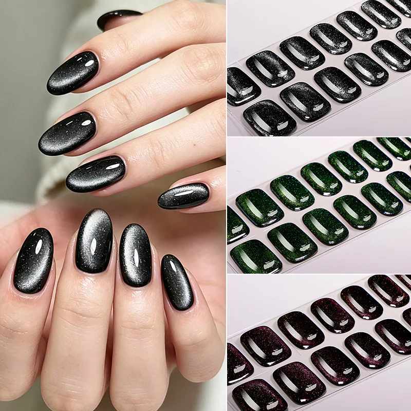 Flash Cat's Eye Glitter UV Gel Nail Sticker Full Cover Long-Lasting Semi-Cured Gel Nail Art Wraps With Shiny Adhesived Decal