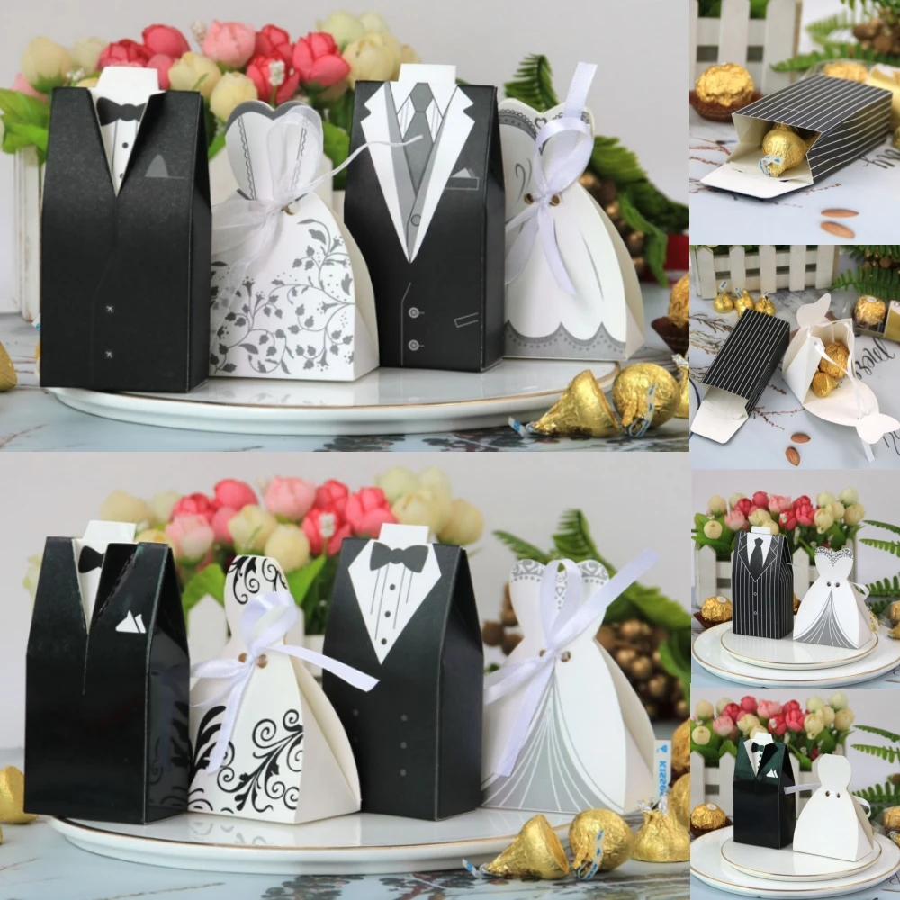 

50pcs High-end European Style Wedding Candy Box Bride and Groom Multi-style Suits Dress Shape Ribbon Gift Boxes Wedding Favors