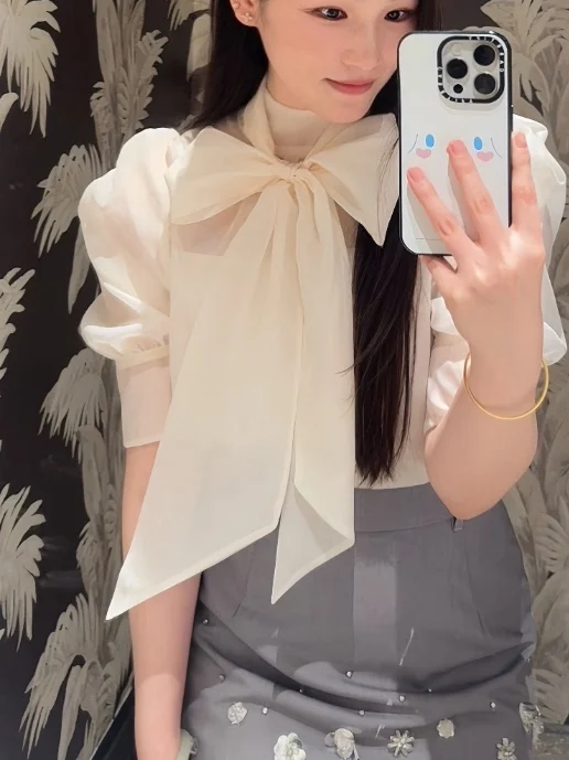 Sweet Japanese Style Bubble Sleeve Chiffon Printed  Knot See-through Women's Shirt Top Fashionable Loose Fit Spring ...