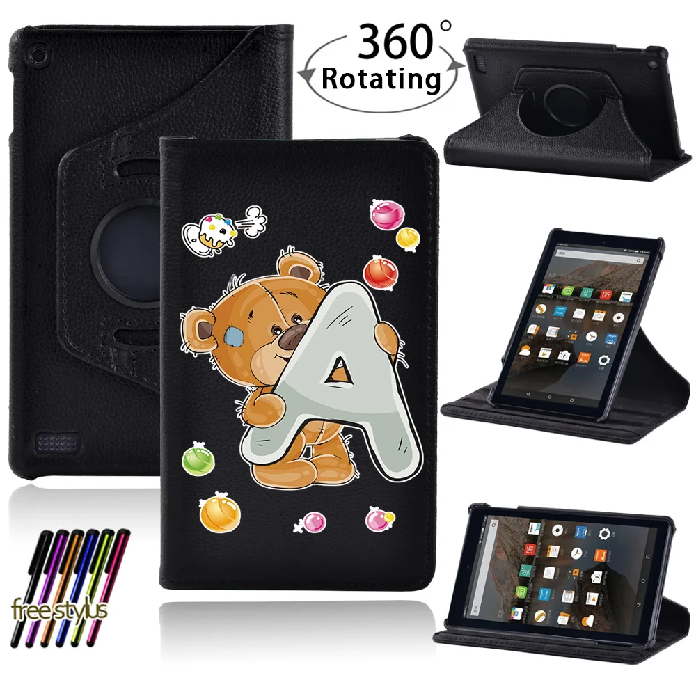360 Degree Rotating Tablet Stand Case for Fire 7 5th Gen /Fire 7 7th Gen /Fire 7 9th Gen PU Leather Bear Letter Pattern Cover