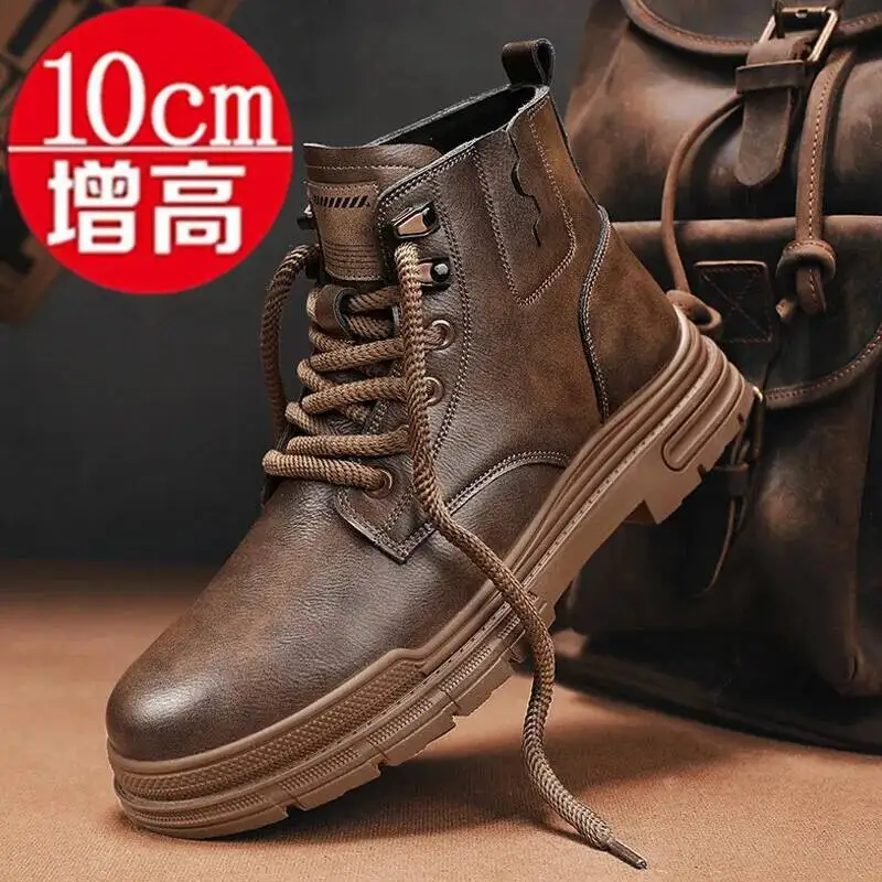 

Мужские зимние ботинки, увеличивающие рост, мужская повседневная кожаная обувь в британском стиле, мужская уличная обувь с высоким берцем и ремешками, высота 10 см