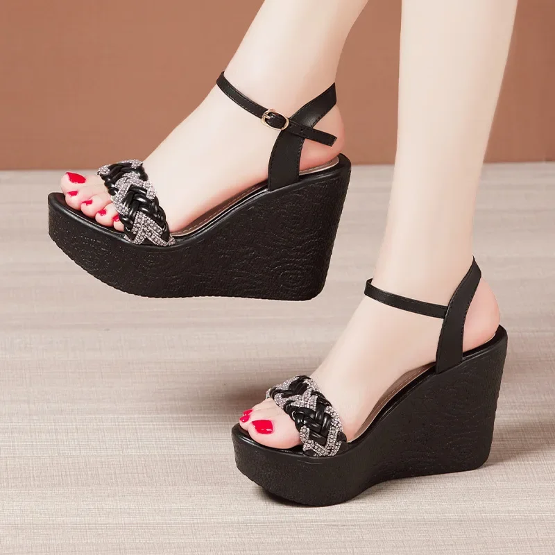 Small Size 32-43 Elegant Rhinestone Platform Wedges Shoes Women 2024 Summer High Heels Sandals Leather Office Model Mom Beach