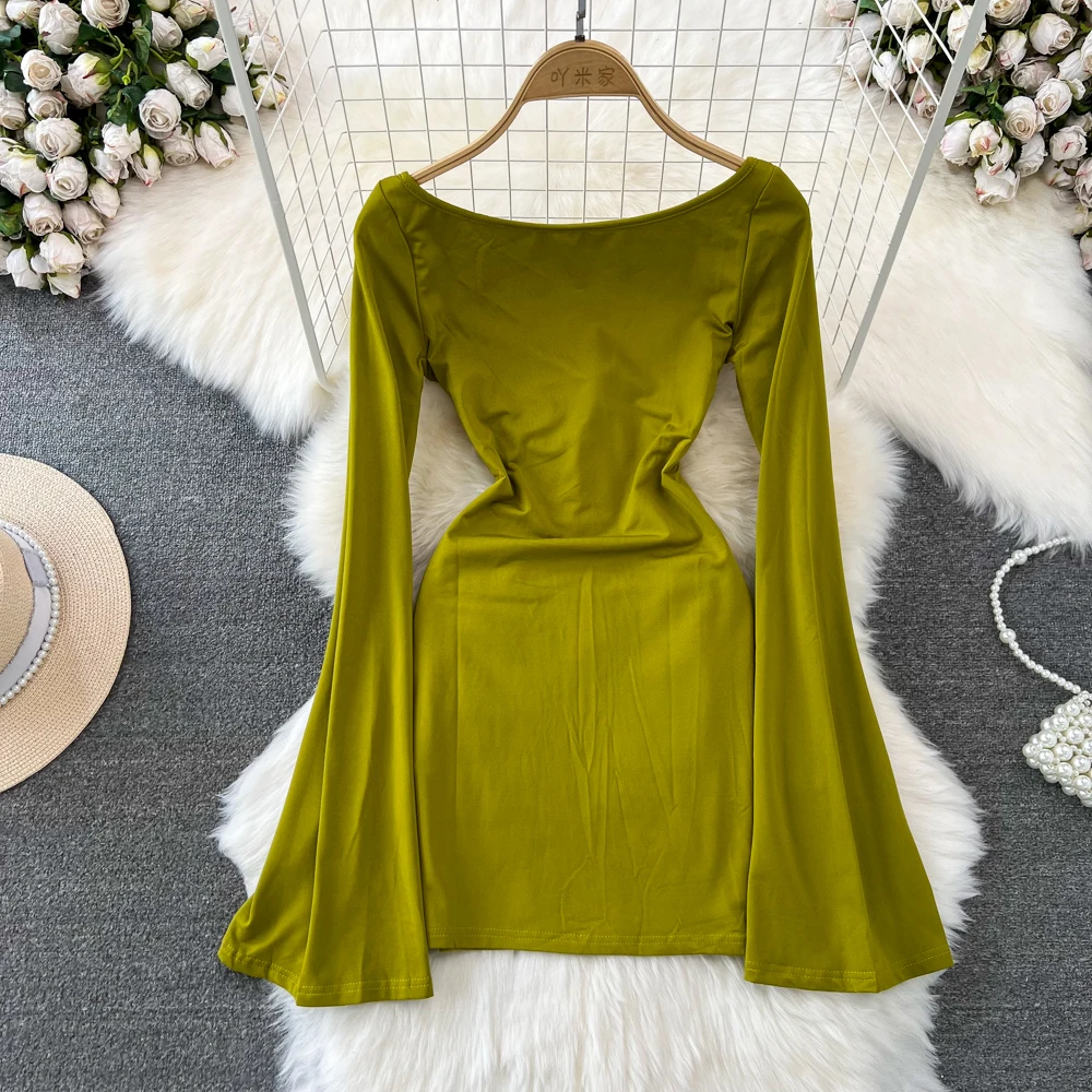 Fashion Elastic Sexy Solid Color Flare Long Sleeve Square Neck Twisted Dress Women Waist Slim Fit Green Mini Short Dress Autumn