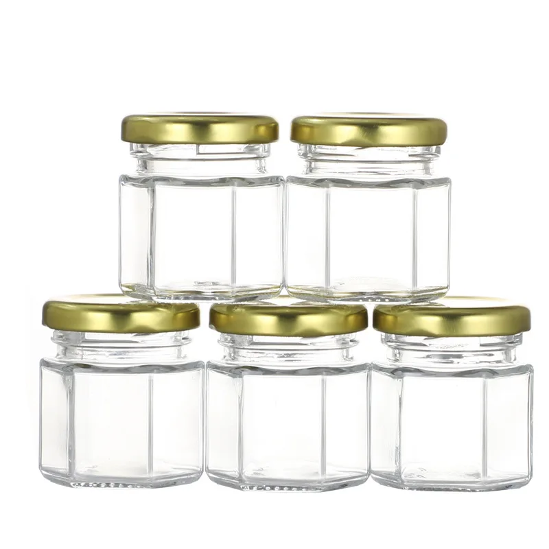 30 Units 45ml Hexagonal Glass Honey Jars with Gold Covers Sealed Glass Bottle Wedding Birthday Party Return Gifts