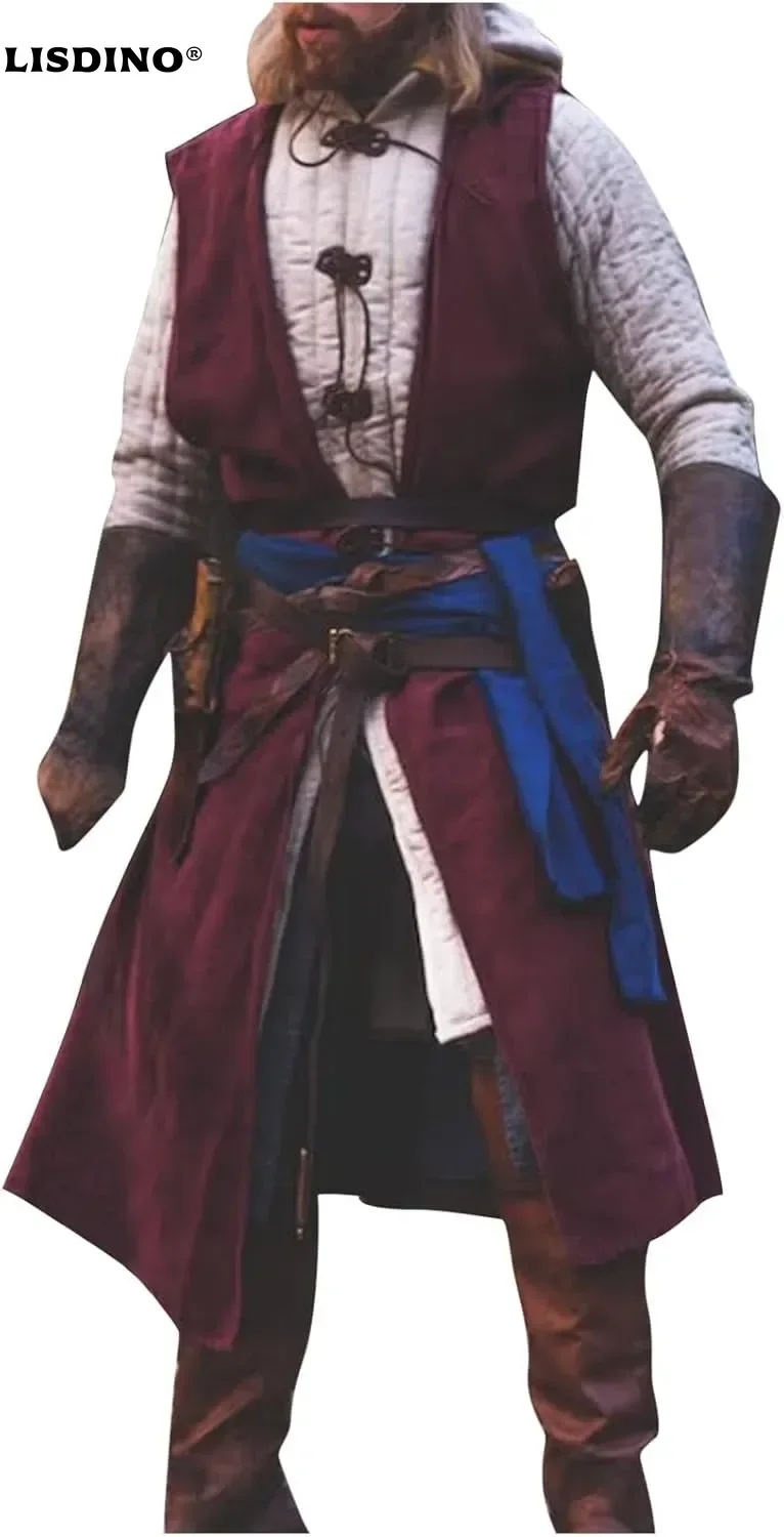 Men's Medieval Hooded Surcoat Renaissance Tabard Sleeveless Tunic Cloak Viking Costume Holloween Assassin Cosplay