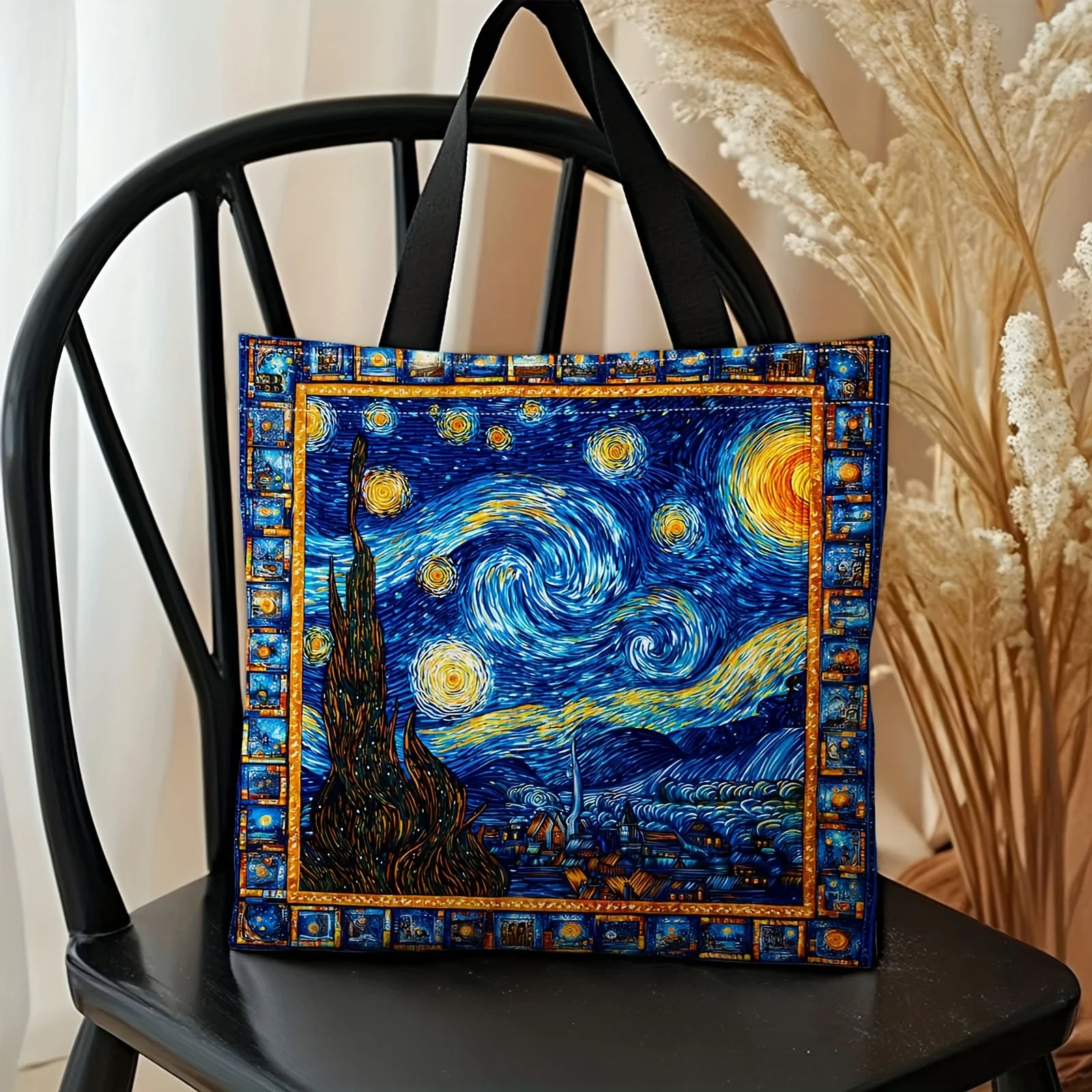 Women's Van Gogh Starry Night Tote Bag with Sturdy Black Strap Shoulder Bag Gift for Art Lovers Multifunctional Travel Organizer