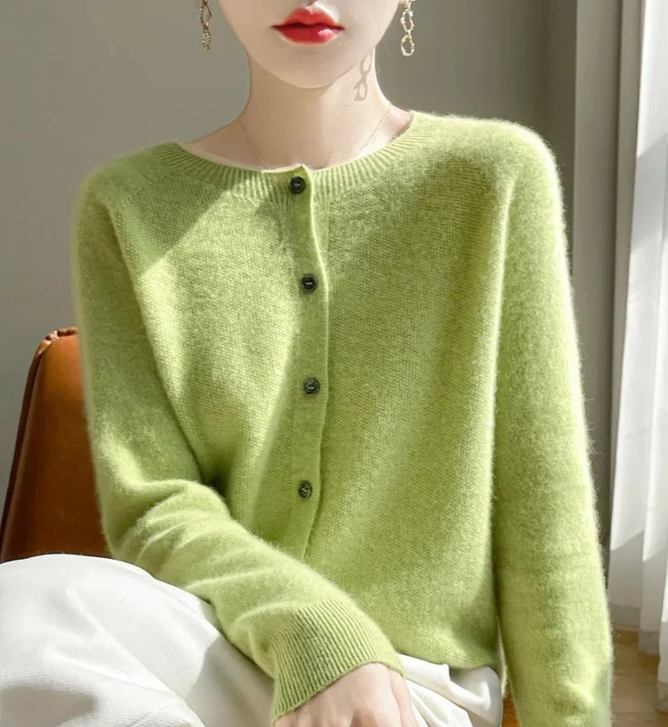 

Теплый шерстяной короткий вязаный кардиган с круглым вырезом, женский осенне-зимний новый стильный модный однотонный топ