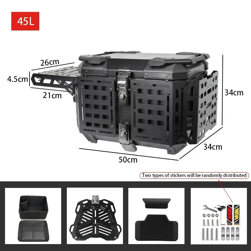 45L Motorcycle Aluminum Tail Box Waterproof Rear Luggage Storage Tool Case Lock Trunk Helmet Box Universal For Most Motorcycles