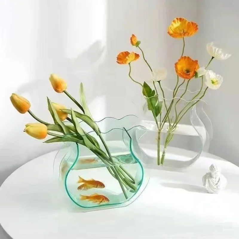 Home Decor Unique Tail-Shaped Acrylic Fish Bowl for Betta & Goldfish, Transparent Desktop Aquarium, Home Office Decor Vase