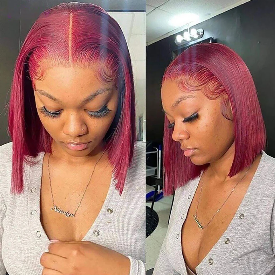 Burgundy HD Transparent Bob Lace Front Human Hair Wigs 99J Red Straight 13x6x1 Lace Front Wig For Women Pre Plucked