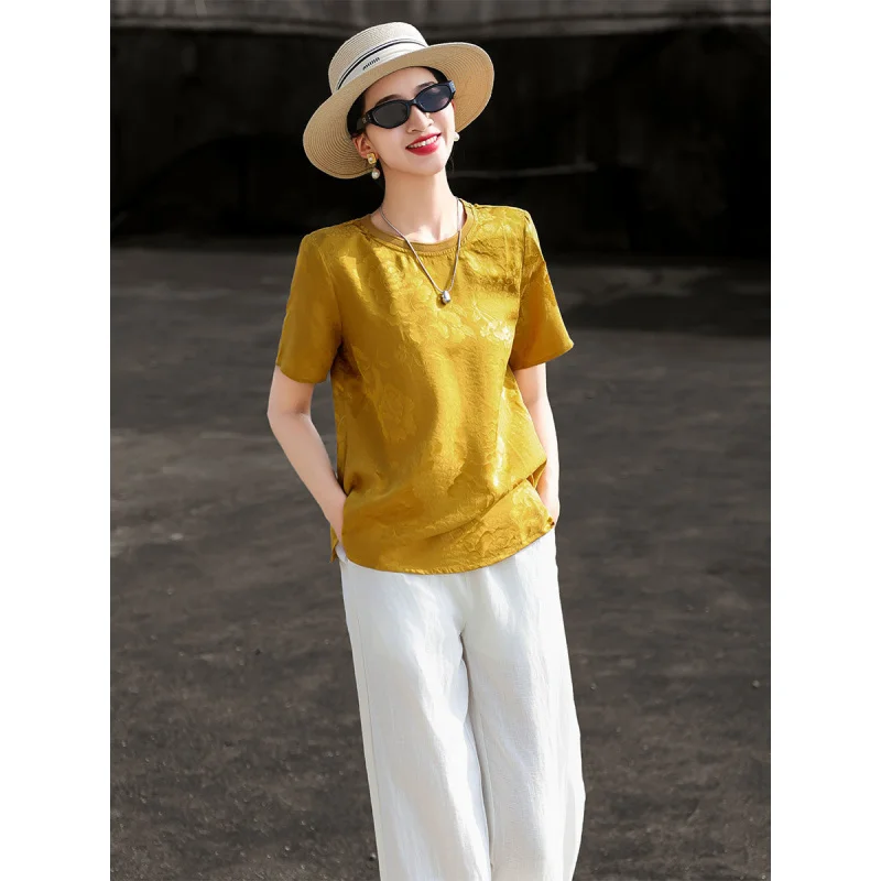 MEXCOCO 2026New Spring/Summer Elegant New Chinese Style Jacquard Silk Blouse