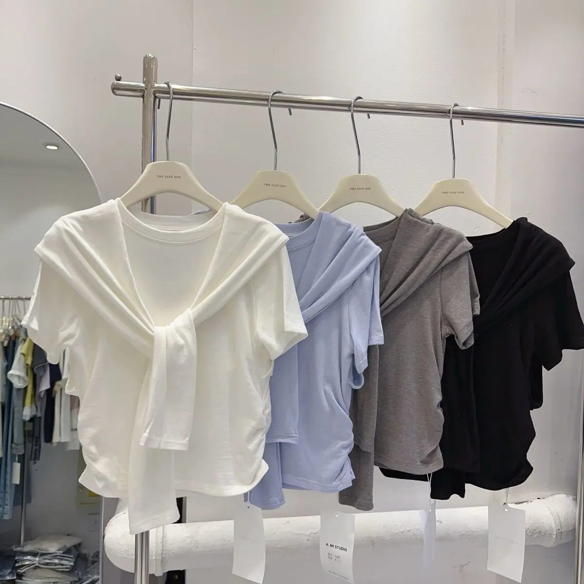 Summer Fake 2 Pieces T-shirts for Women Round Neck Short Sleeve Solid Color Modal with Shawl Top Korean Fashion Female Tees