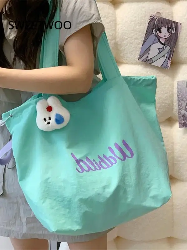 2026 Pastel Letter Print Canvas Tote Bag Optional Bunny Plush Pendant Six Fresh Bright Tone Korean Casual Student Shoulder Purse