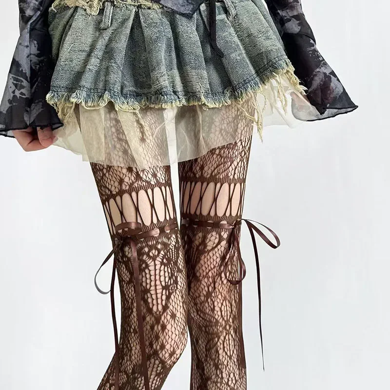 البيج/أسود الدانتيل الجوارب النساء مثير انظر من خلال شبكة شير جوارب شبكية JK موحدة ربطة القوس فيونكة حزام الدانتيل قاع جوارب طويلة