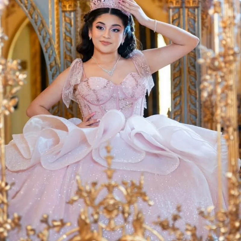 

Customized Shiny Pink Quinceanera Dresses Off the Shoulder sequin applique flower layering Lace Long tail Bow Vestido 15 Quincea