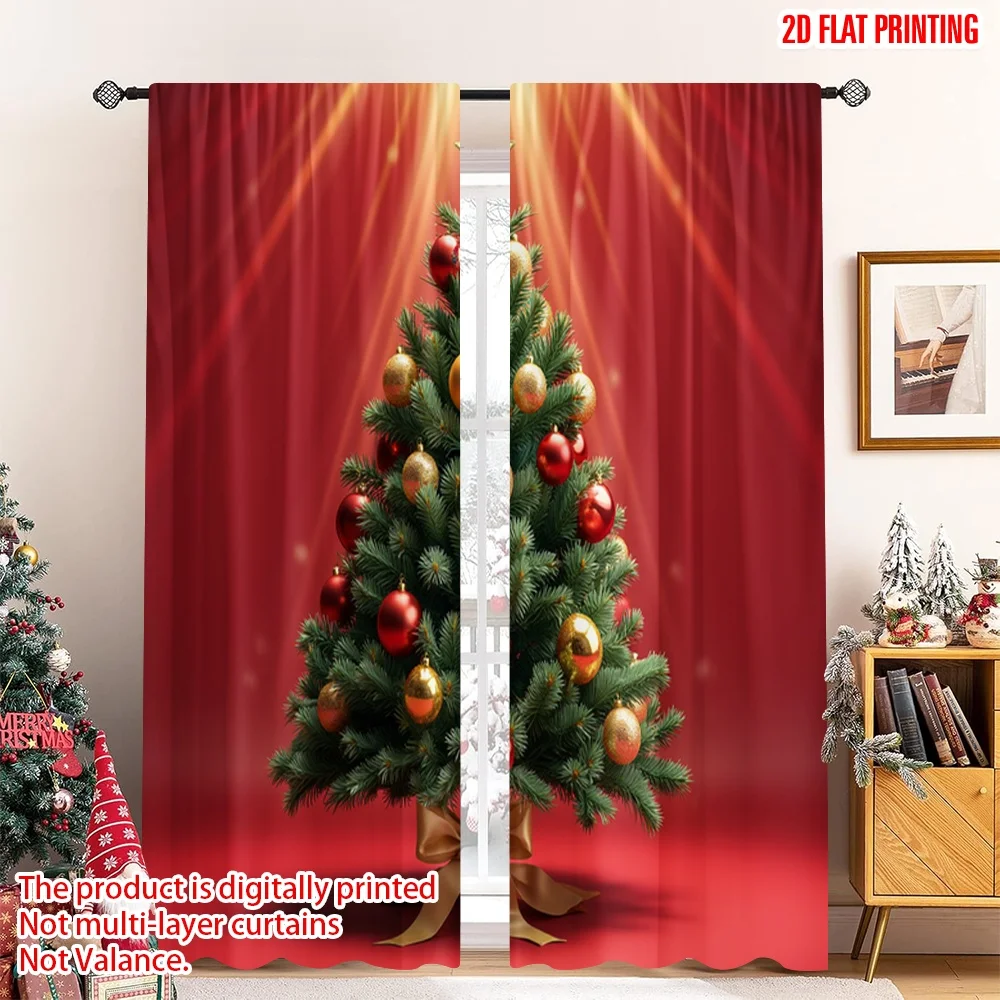 

2pcs 2D flat printing Christmas Window Curtains Christmas Tree Gold Red Balls Fabric Without Electricity Festive Holiday Use for