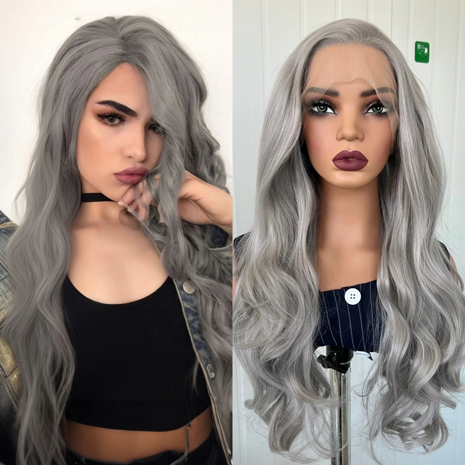 

Длинные вьющиеся волнистые серебристо-серые объемные волны Синтетические парики фронта шнурка для женщин Свободная часть Натуральная волна Серый 13X4 Кружева Ежедневная вечеринка