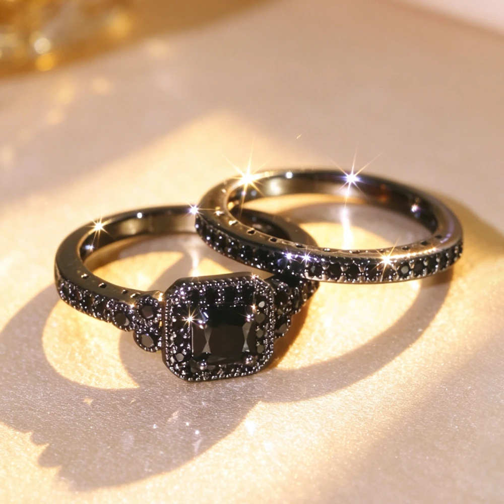 2PCS Lady Dark Style Square Black Main Stone Set Ring with Retro Patterned Hollowed-Out Two-Part Ring Set - A Unique and Personalized Accessory for Small-Scale Occasions, Perfect Gift for Engagement, Proposal, Friends, Wife, or Mother