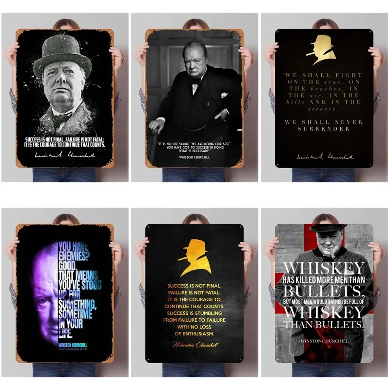Winston Churchill Zitate Weißblechschild Inspirierende Poster Gamer Raumdekoration Mann Metallschild Plakette für Wandkunst Dekor