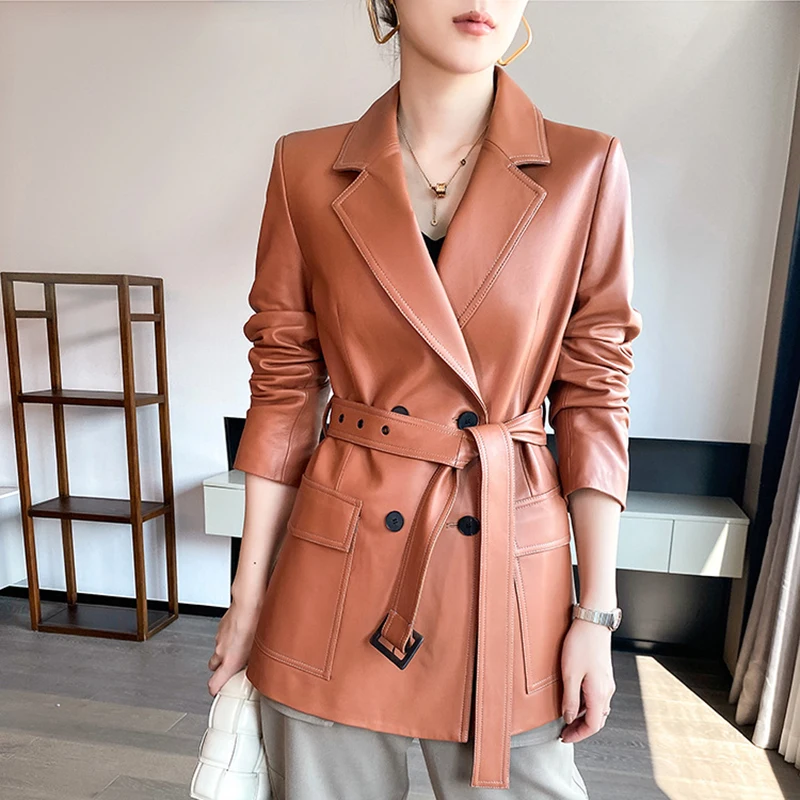 Women\'s Leather Jacket England Style Suit Collar Double-Breasted Belt Slim Medium to Long Chaquetas Mujer Sheepskin Coat Fashion