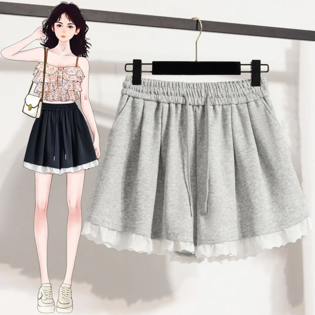 

plus Size Women's Korean Style Lace Stitched High Waist Wide Leg Shorts Summer Chubby Girl Stacked down Pants