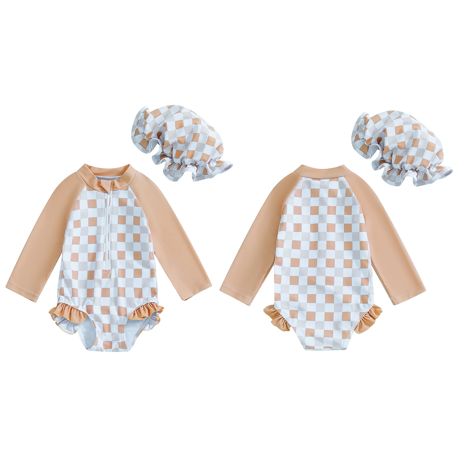 2025 New Toddler Baby Girl Rash Guard Swimsuit Long Sleeve Checkered Print Bathing Suit Infant Swimwear with Sun Hat