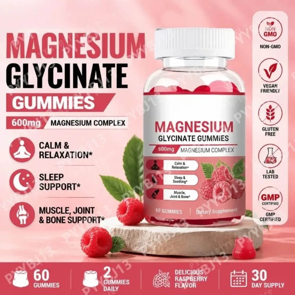 Magnesium Glycinate Gummies 600mg L-Threonate CoQ10 Calcium D3 B6 Sleep Calm Muscle Support Non GMO Vegan Raspberry Supplement